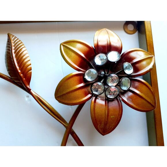 Floral Metal Decor Wall Hanging w/ Rhinestone Crystal Gold Rustic Square Shape - Picture 4 of 6